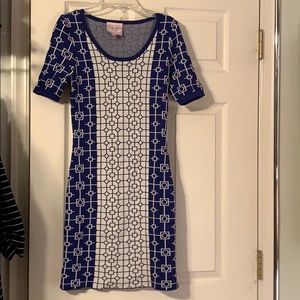 Blue and white dress.